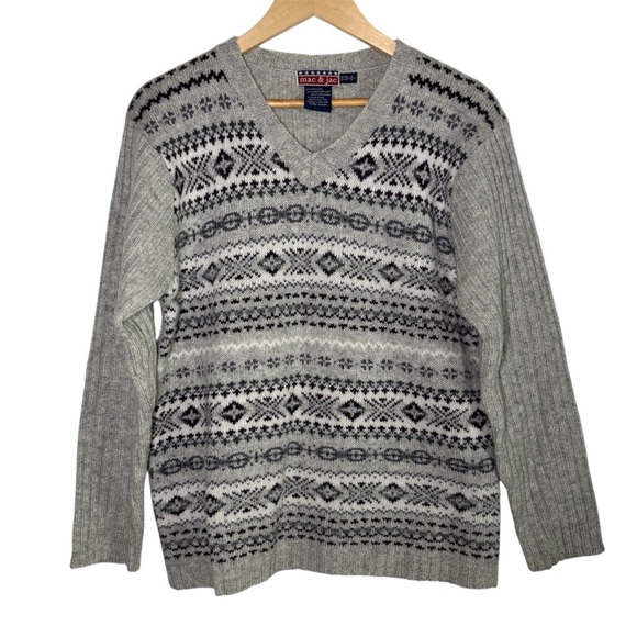 VTG Mac Jac Fair Isle Sweater Women Large Gray Wool Angora Rabbit Hair Cabincore - Picture 1 of 6